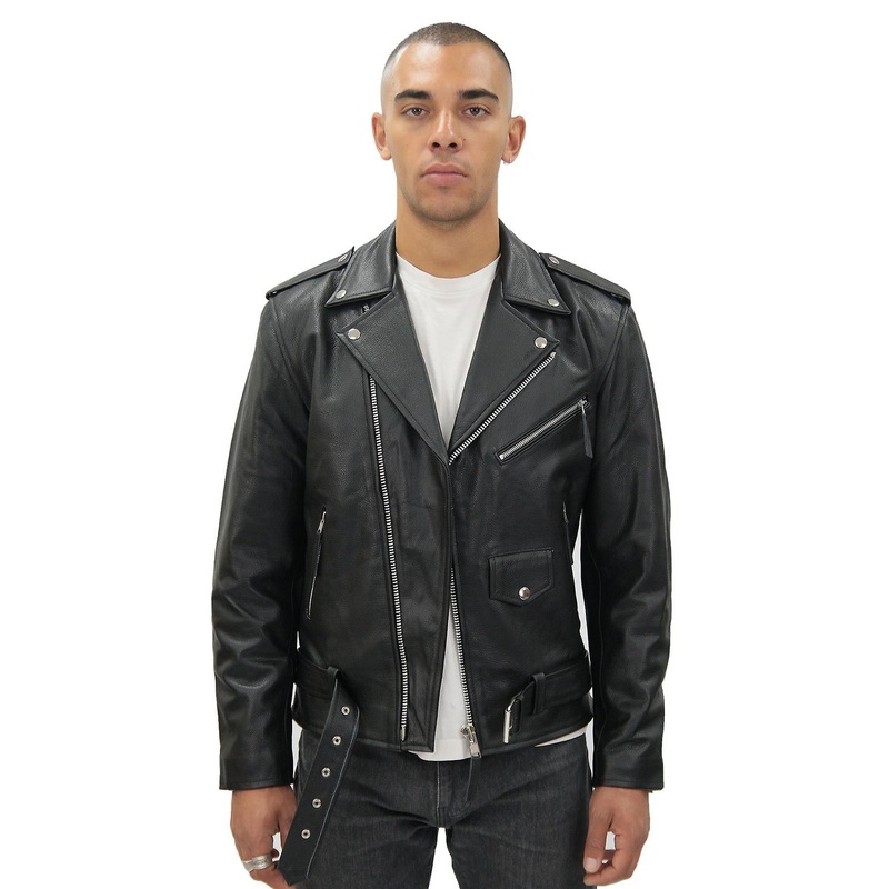 Mens Leather Black Brando Biker Rock Motorcycle Hide Jacket