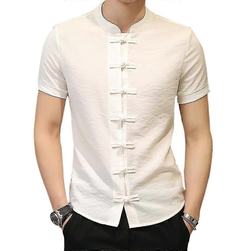 T-shirts Tops,chinese Style Clothing Tang Suit - Kung Fu Short Sleeve Shirt For Men - White