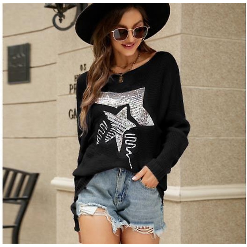 Women's Casual Pullover Knitted Sweater 2023 Autumn And Winter Loose Sequined Long-sleeved Women's Mid-length Bat Sleeve Knitted Top