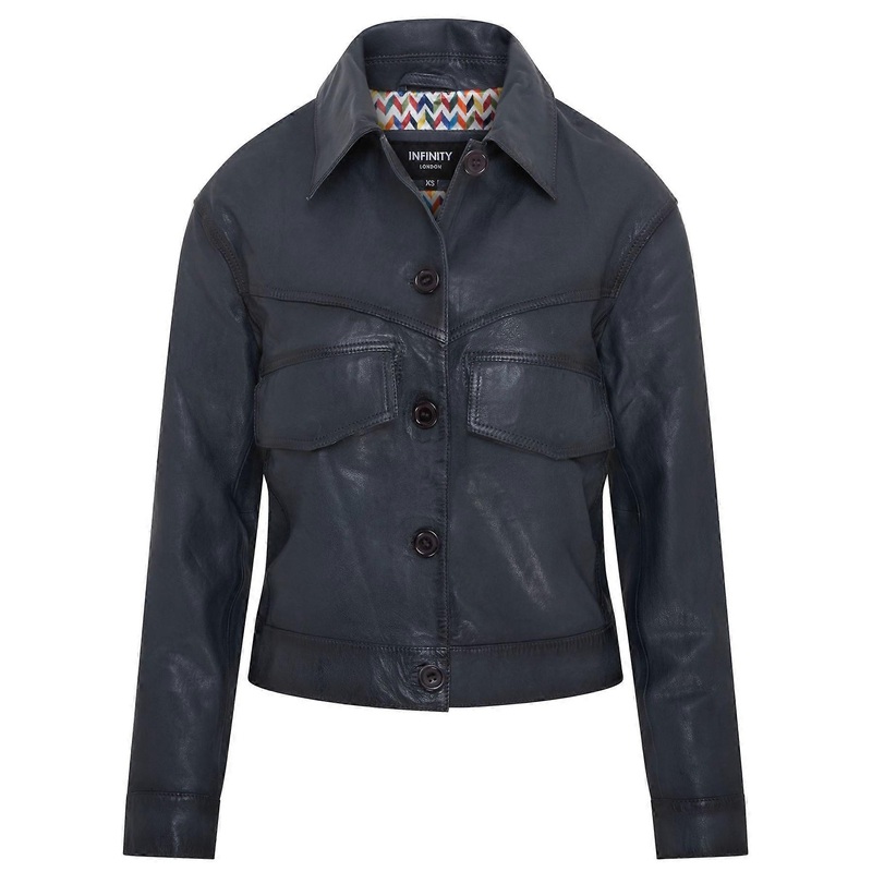 Womens Navy Vintage Classic Lamb Leather Collared Biker Jacket