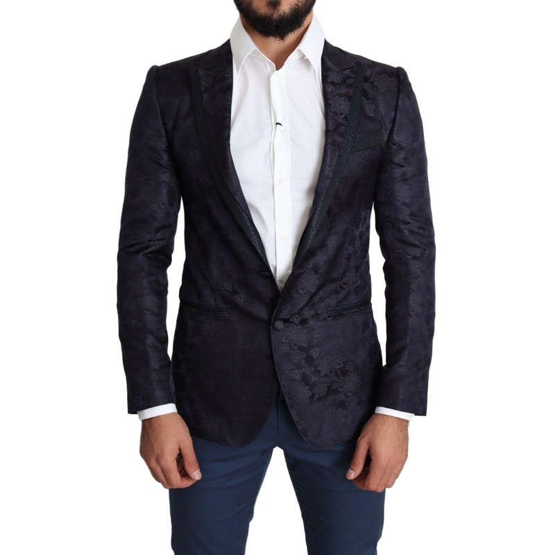 Blue Floral Jacquard Silk Coat Martini Blazer