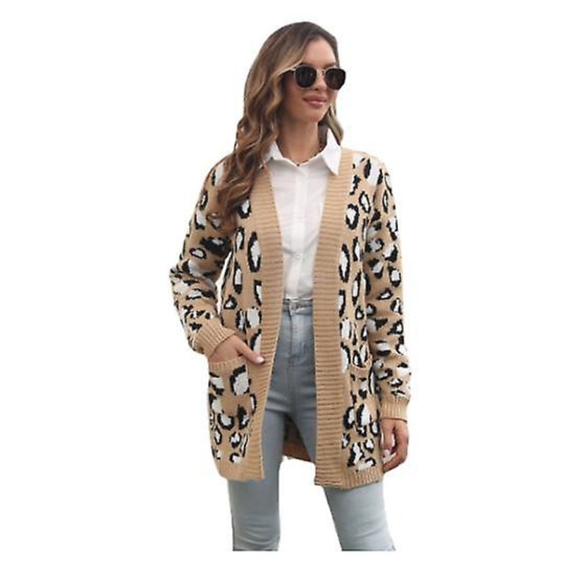 Women's Coat Fashion Leopard Jacquard Cardigan With Pockets 2022 Autumn And Winter Women's Long Knitted Sweater Women's Loose Top