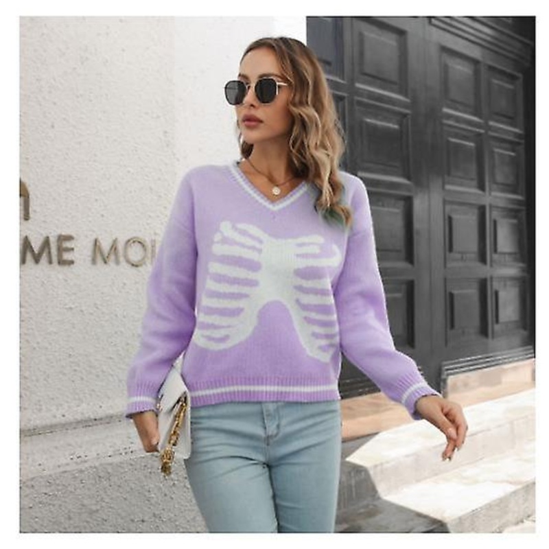 Women's Knitted Sweater 2022 Autumn And Winter Fashion Skull Jacquard V-neck Sweater Women's High Quality Casual Loose Long-sleeved