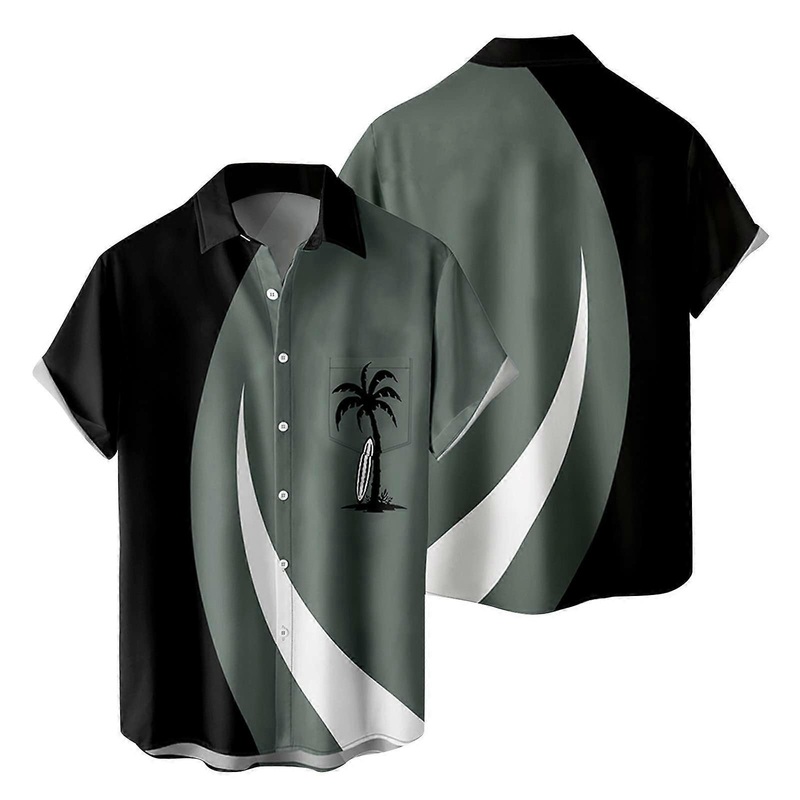 2025 Men's Casual Short Sleeve 3D Digital Print Pocket Shirt with Lapel, Extra Arm, Marine, Size XL