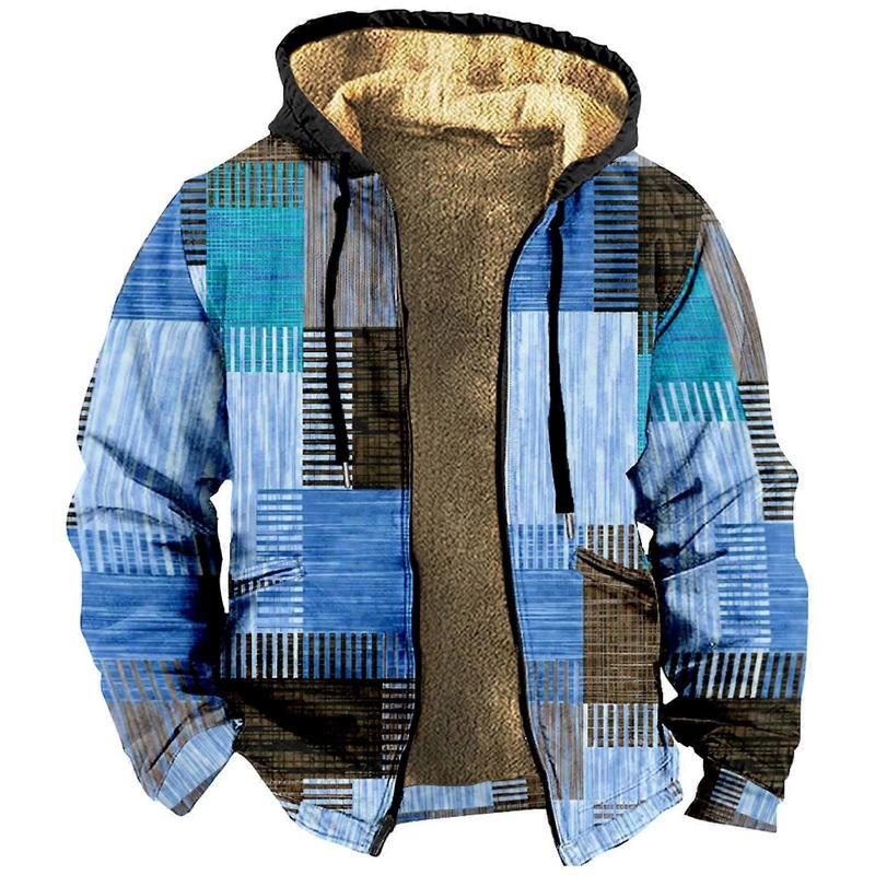 Men's Vintage Lined Fleece Jacket Winter Hooded Coat, Warm Lumberjack Jacket, Thick Hooded Sweater, Windproof Sweatshirt, Winter Jumper, XXL Blue
