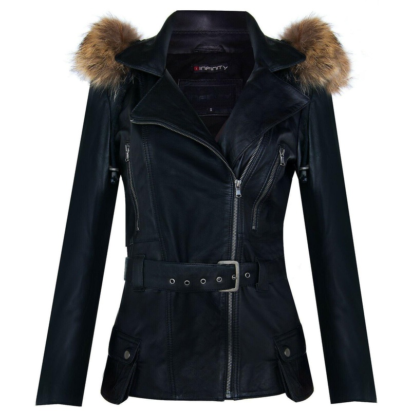 Ladies Leather  Black Slim Fit Hooded Biker Jacket