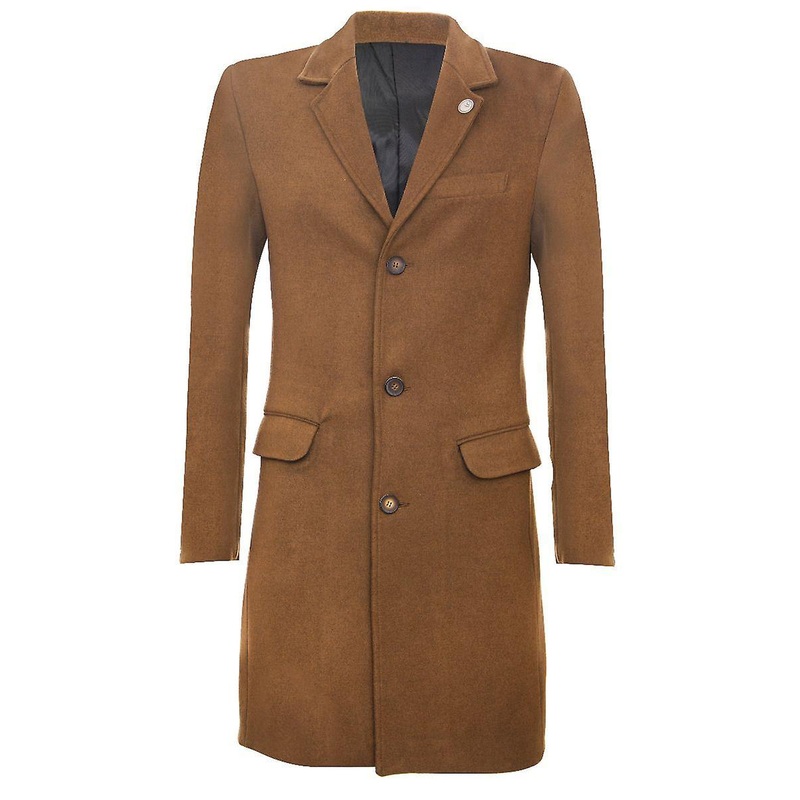 Men's Long Brown Wool Slim Fit Overcoat