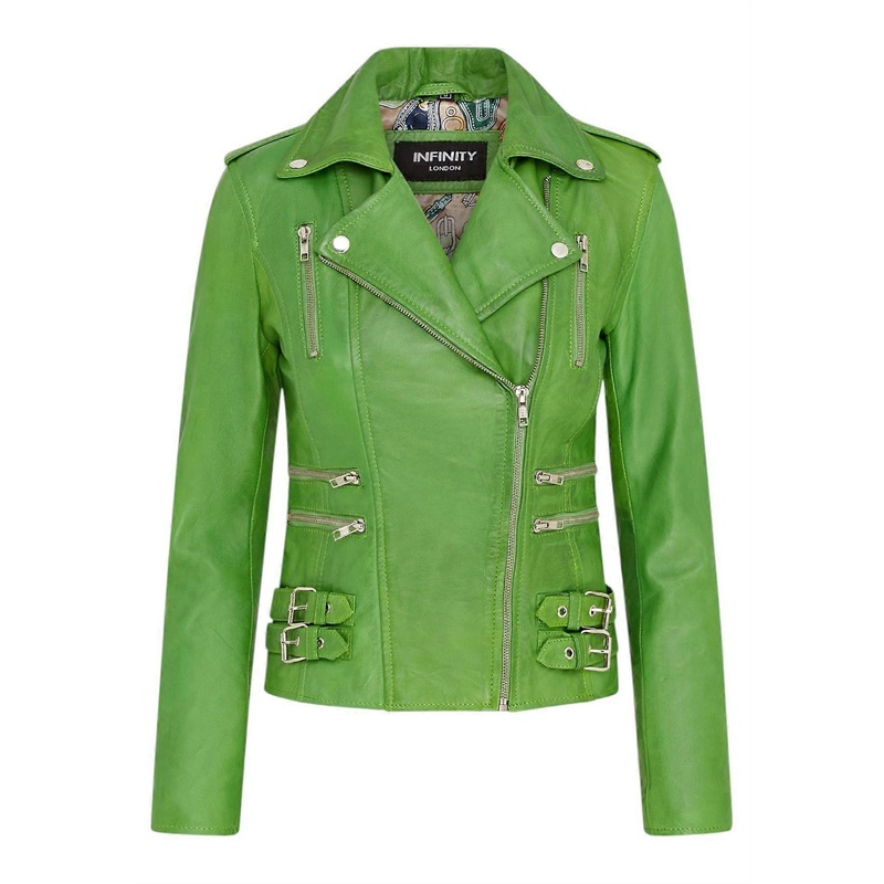Ladies Leather Biker Jacket Apple Green Real Lamb Nappa Vintage Gothic Buckle Jacket