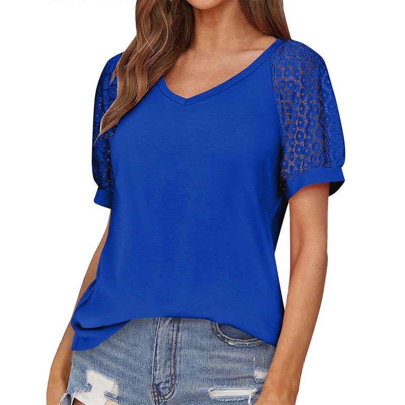 Women's T-Shirts Summer Short Sleeve V Neck Tee Loose Casual Lace Knit Tops Deep Blue