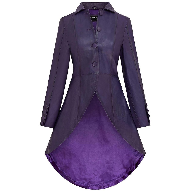 Womens Gothic Purple Full Length Leather Coat Victorian Flare Goth Punk