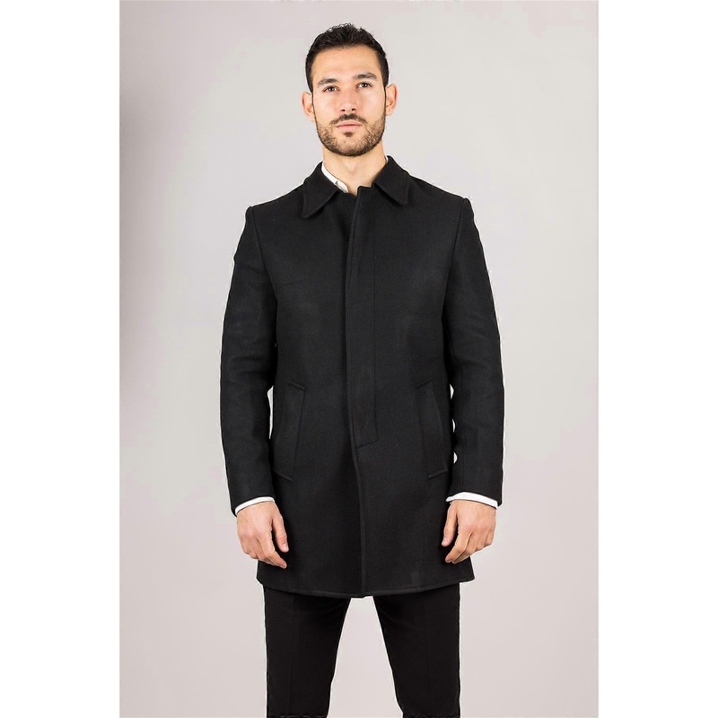 Men's Wool Blend Classic Collar Black Overcoat