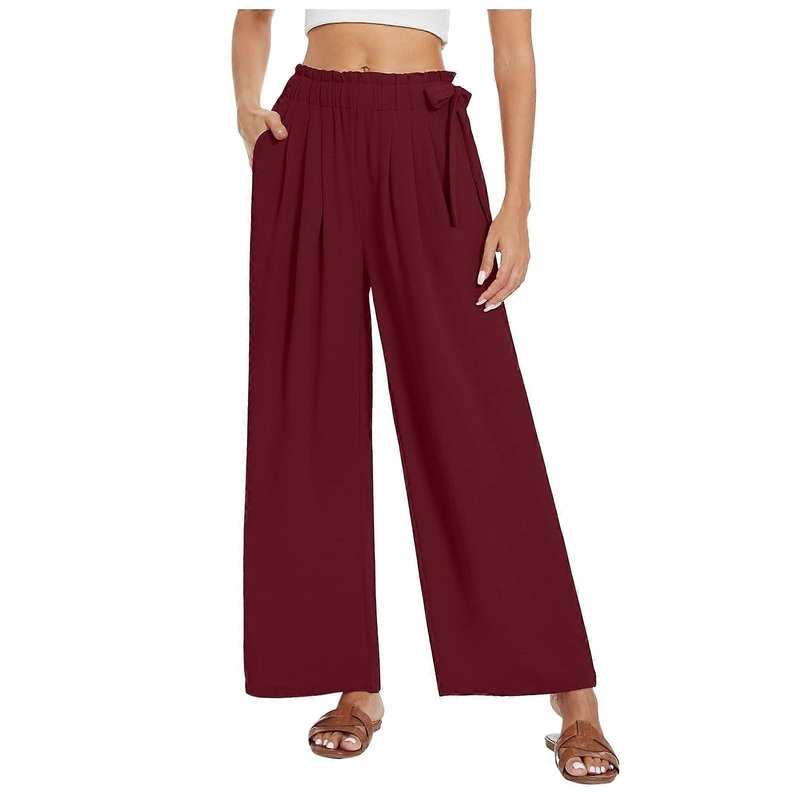 Summer Pants Women Lightweight Linen Wide-Leg 7/8 Jogger Yoga Beach Pants High Waist With Pockets Red XL Plus Size