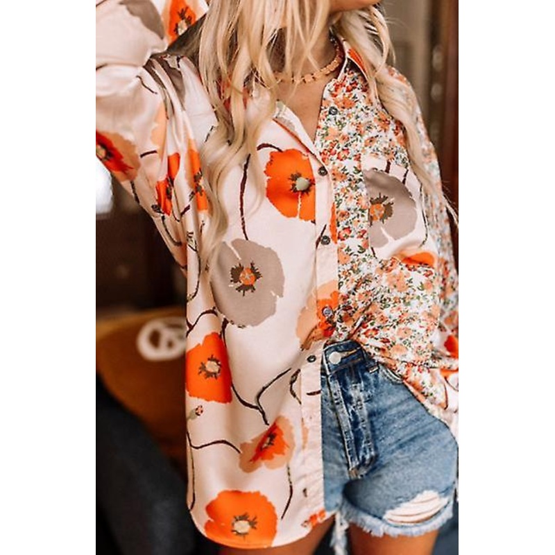 2022 Spring And Summer New Women's Brand Flower Print Stitching Loose Shirt