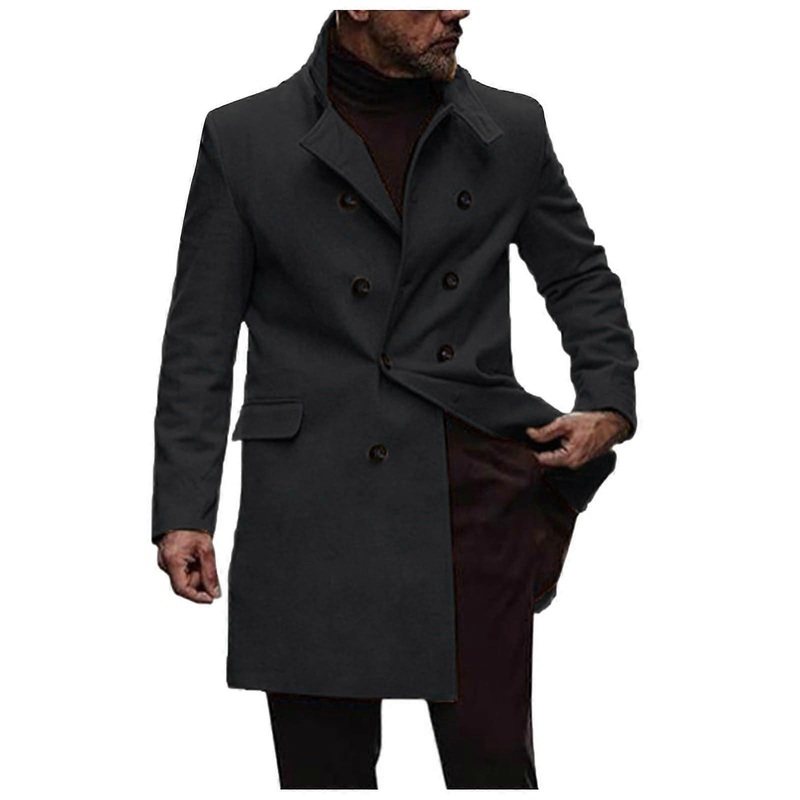 Winter Coat Men's Long Trench Wool TurnDown Collar Vintage Sheepskin Warm Windbreaker Black