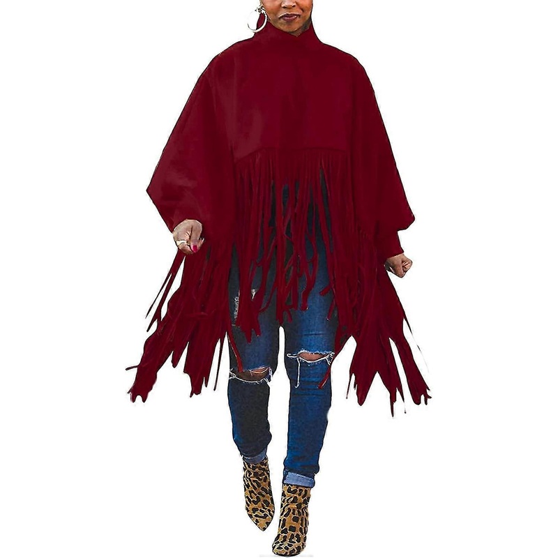Womens High Neck Long Sleeve Fringe Top Plus Size Tassel Pullover Poncho Coat$womens Turtleneck Fringe Tops Solid Color Batwing Sleeve