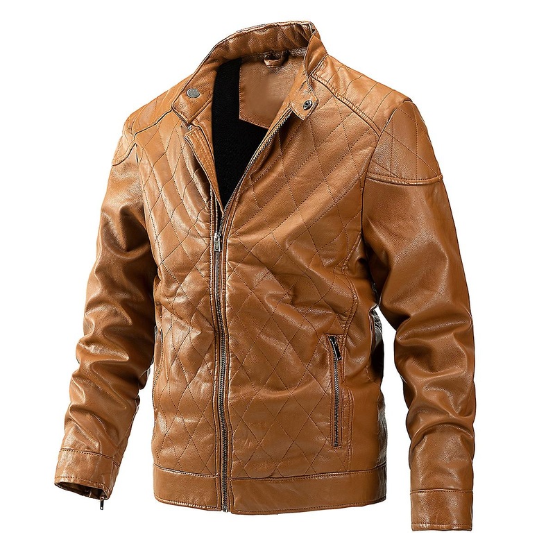Cloudstyle Men's Biker Style Stand Collar Fleece Pu Leather Jacket