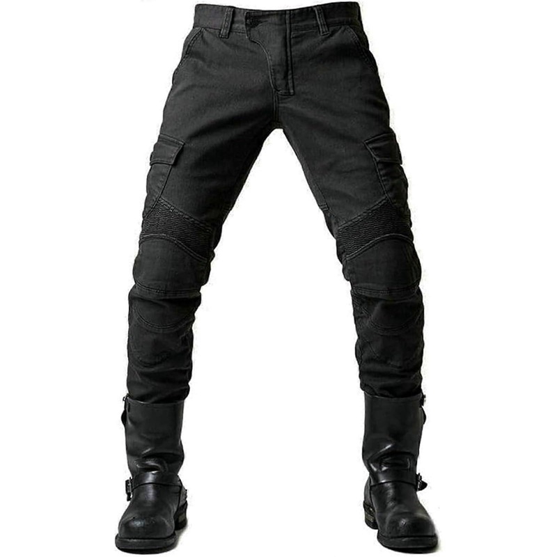 Men's Motorcycle Trousers with Protectors, Stretch Black Jeans with Thigh Pockets, Knee and Hip Armor, Size S