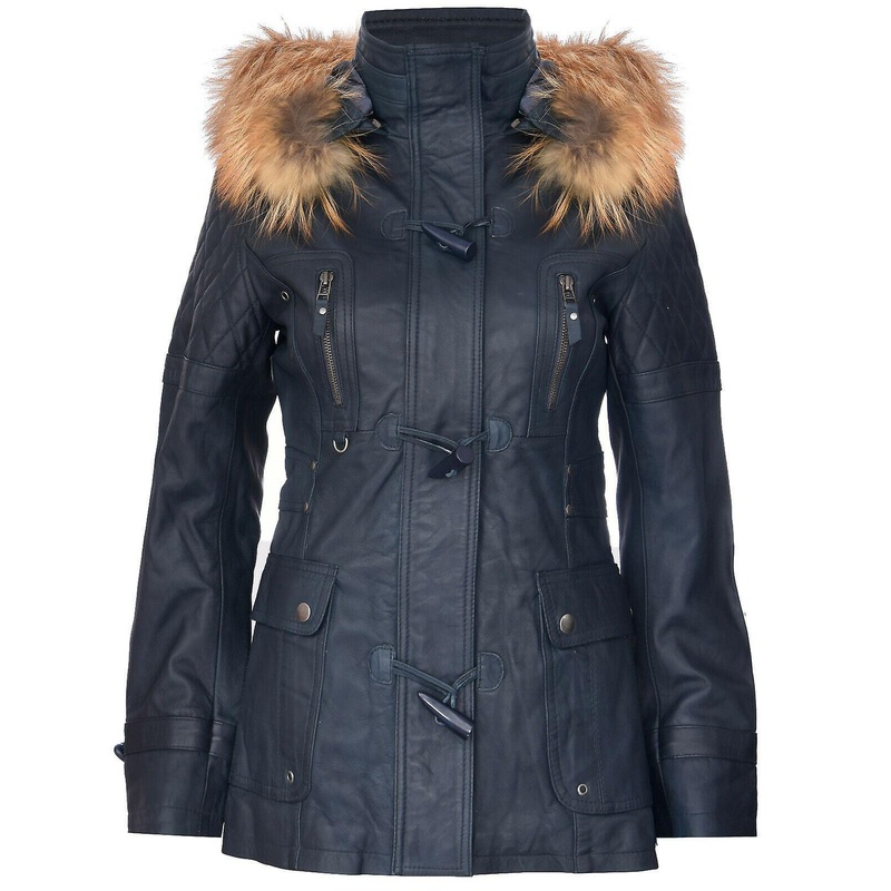 Women's Blue Leather with Detachable Hooded Jacket