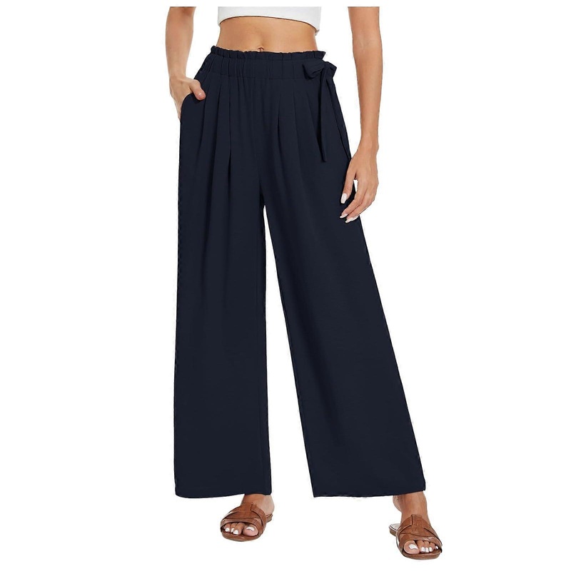 Pants Women Cotton Linen Summer Pants 7/8 Length Wide Leg High Waist Casual Linen Yoga Beach Pants With Pockets Navy Blue Size L Plus Size