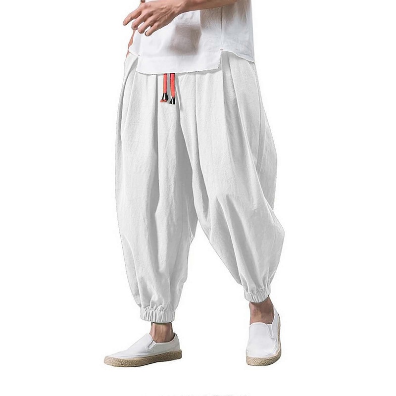 Harlequin Trousers Men's Casual Wide-Leg Loose Sweatpants White XL Martial Arts Tai Chi Knickerbocker Outdoor Hiking