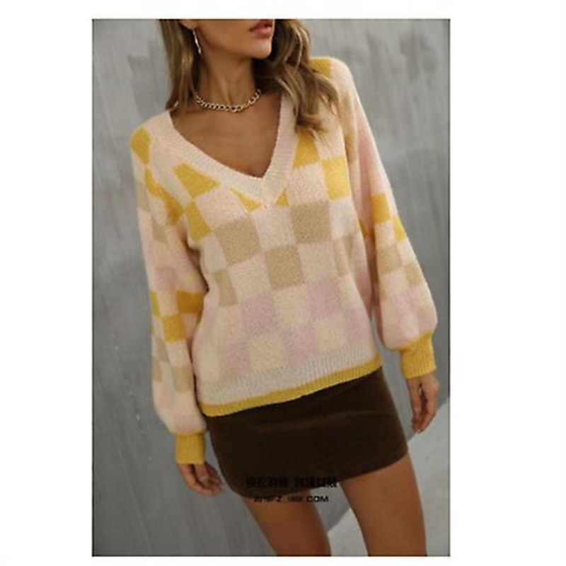 2022 New Arrival Women's Long-sleeved V-neck Design Fashion Contrast Color Plaid Knitted Sweater Teenage Girl Plus Size Pullover Sweater