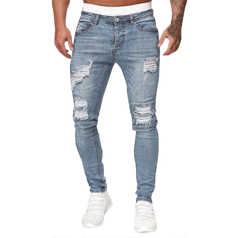 Men's Distressed Denim Jeans Slim Fit Stretch Ripped Light Blue Size M
