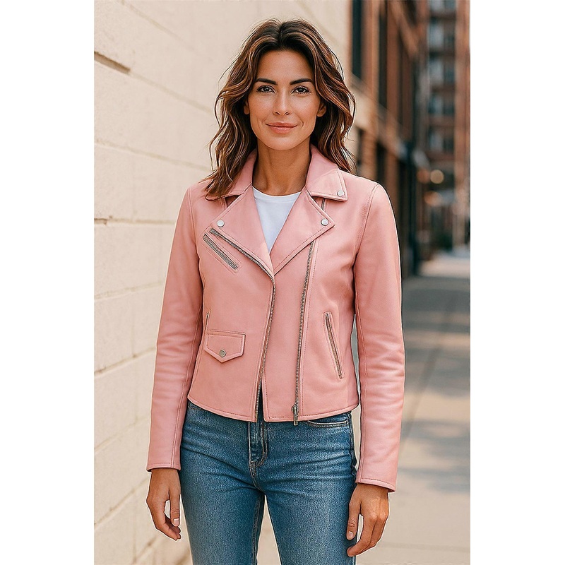 Womens Baby Pink Leather Biker Jacket Classic Brando Moto Real Leather Ladies Jacket