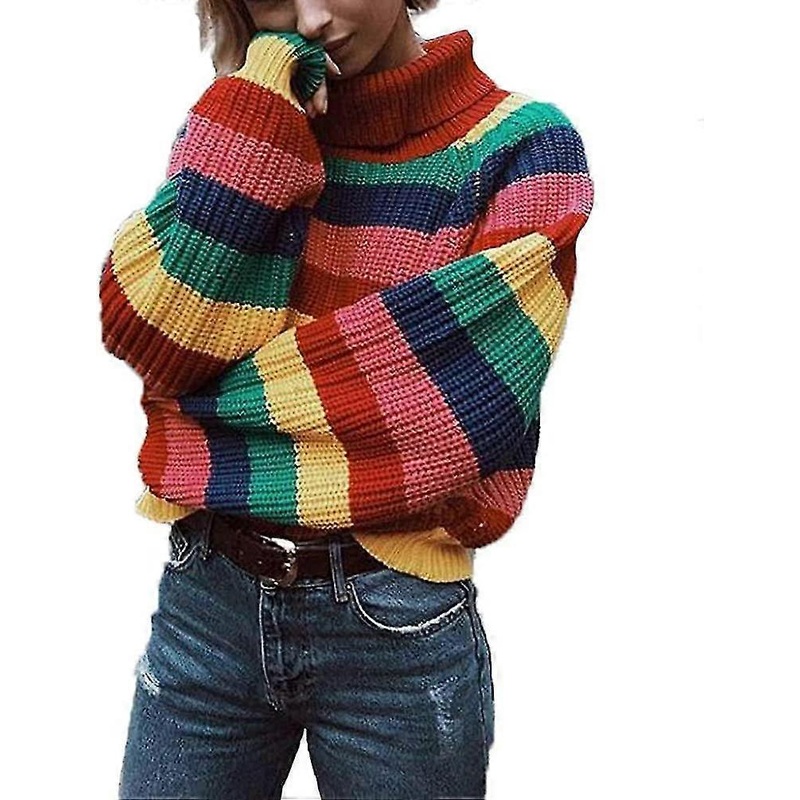 Womens Long Sve Striped Rain Striped Top Turtlene Knitted Sweater Jumper Shirt