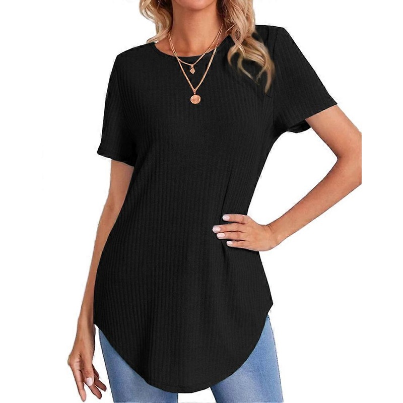 Womens Ribbed Knit Solid Blouse Swing Loose Fit Round Hem Tunic Tees Crewneck Short Sleeve Shirts Black