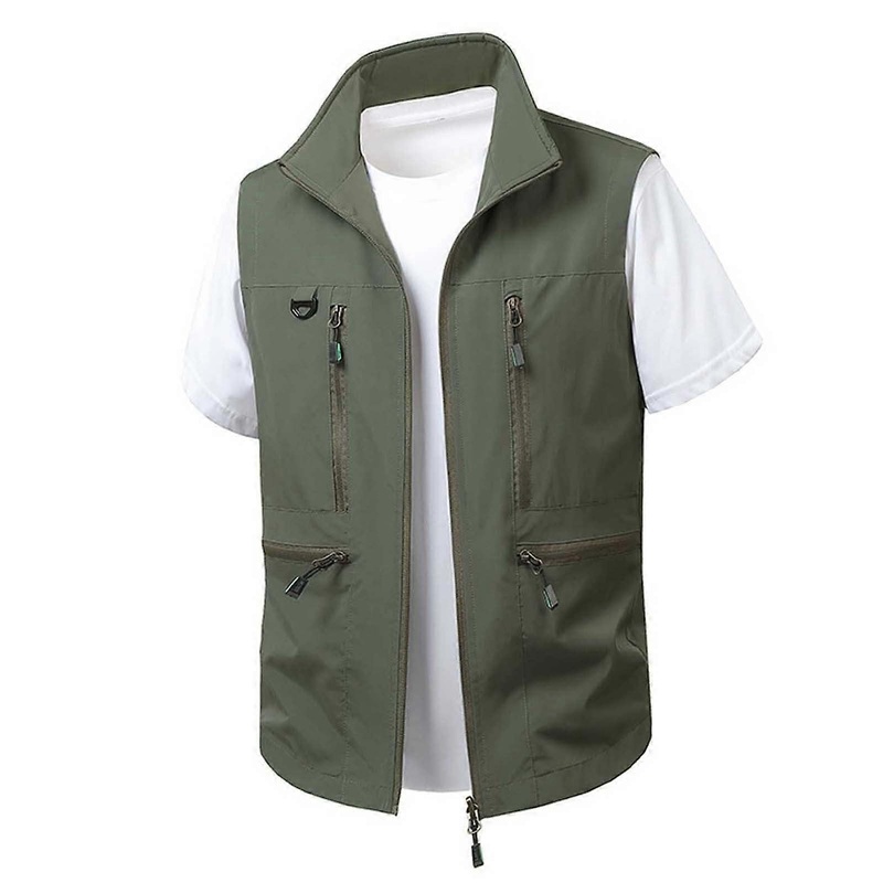 Men's Outdoor Thin Lightweight Work Vest Multifunctional Pockets, Breathable Fishing Vest Stand-Up Collar 6XL Army Green