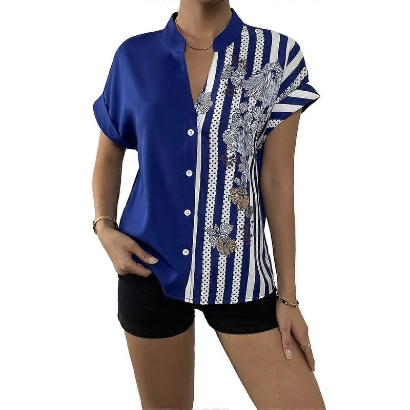 Women Blouses Floral Print Shirts Short Sleeve Tops Loose Stylish Button Up Breathable Blue