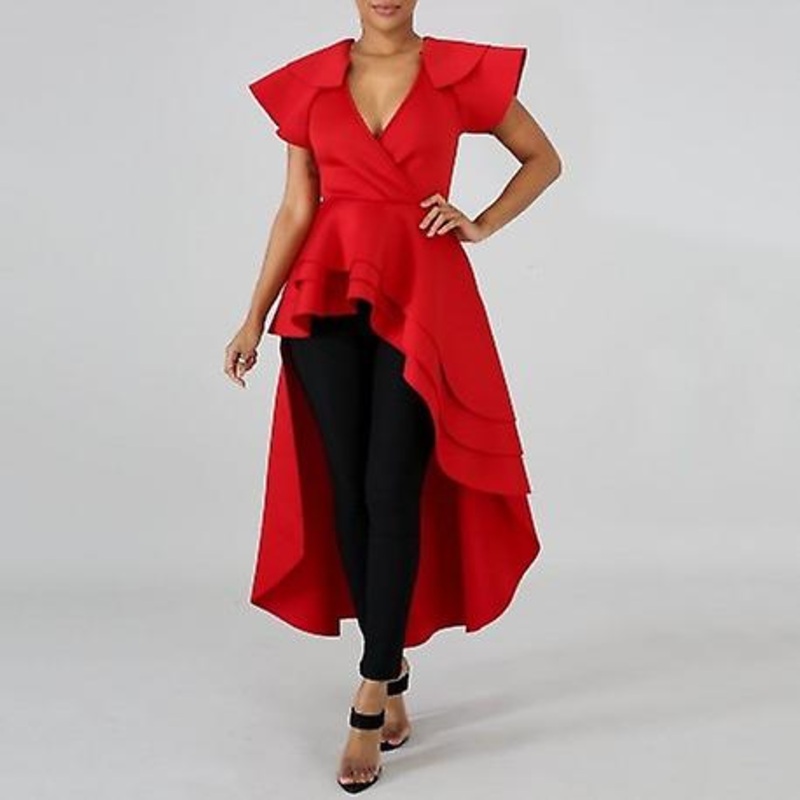 Women Red Long Ruffles Blouse Irregular