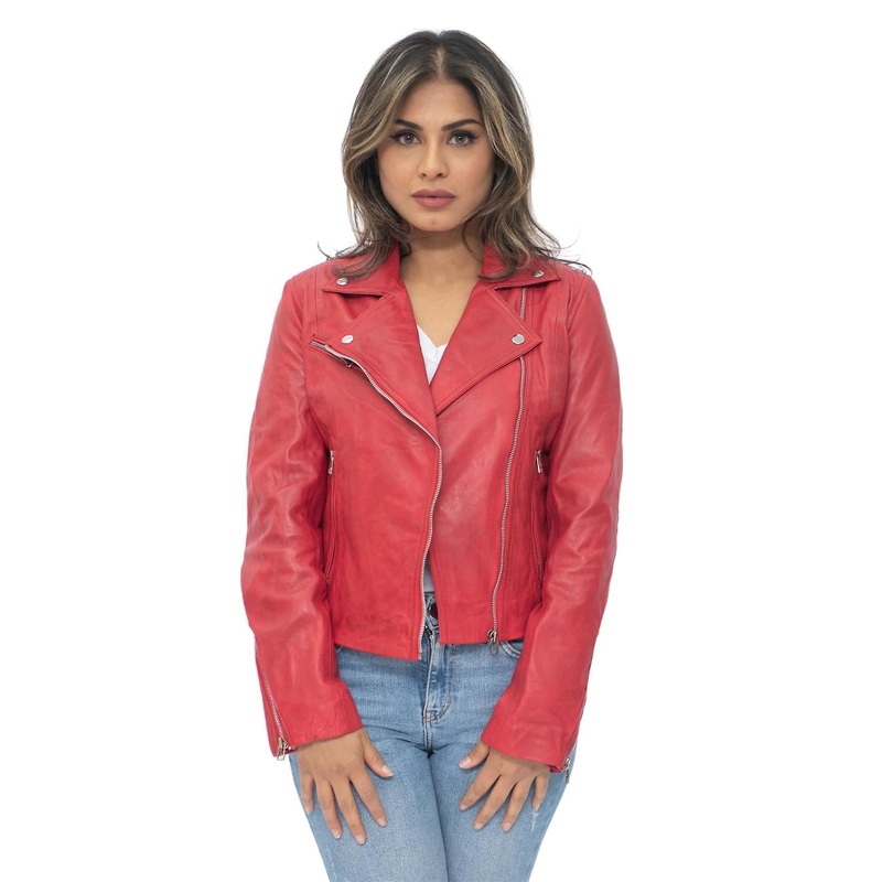 Womens Red Nappa Classic Leather Retro Biker Jacket