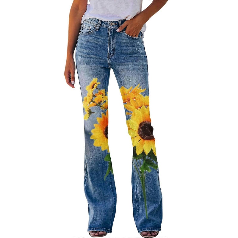 Printed pattern jeans, loose flared hem, jeans, stretch, flared bottoms women's pants black straight cut yellow L