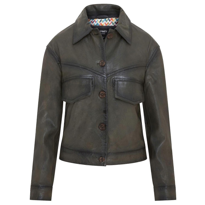 Womens Olive Green Vintage Classic Lamb Leather Collared Biker Jacket