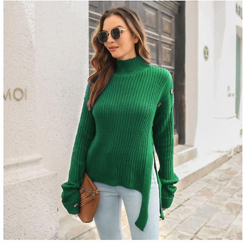 Women's Long Sleeve Spring Summer Fashion Button Decoration Turtleneck Sweater Women's High Quality Loose Knitwear Women's Solid Color Tops