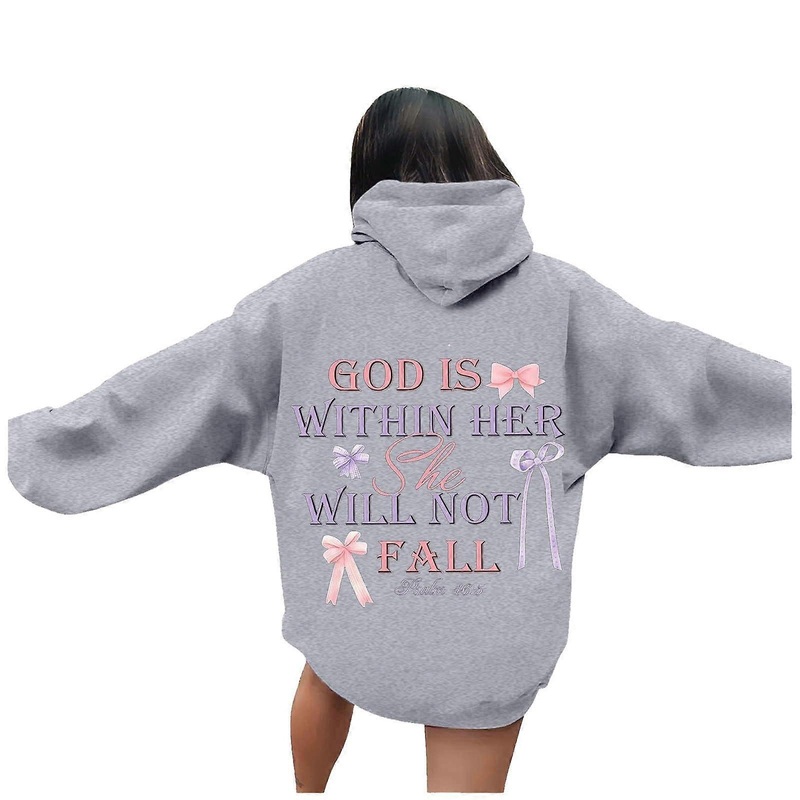2025 Womens Casual Hoodie Long Sleeve with Print Hood, Lightweight Sportswear in Light Gray, Size XL