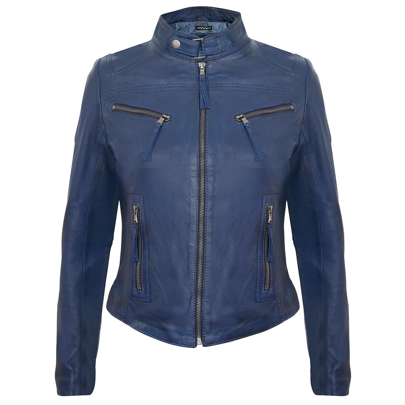 Women's  Royal Blue Leather Biker Jacket
