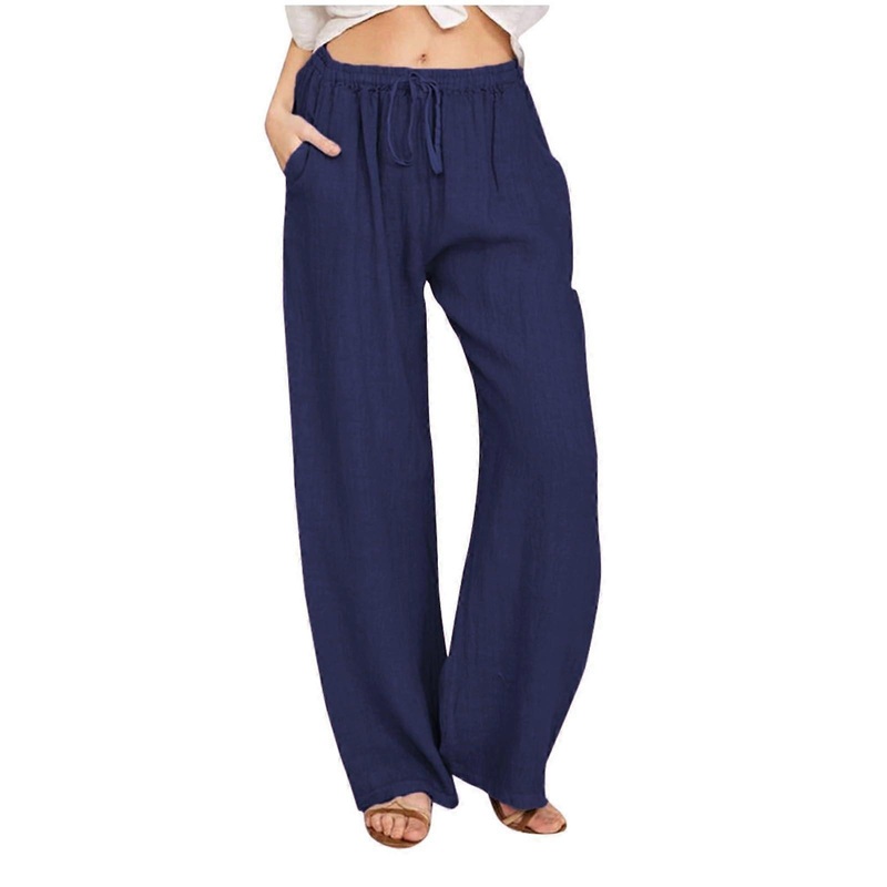 Women's Summer Pants Lightweight Linen-Look Wide-Leg Capri, Breathable Casual Pants With Pockets, Navy XXL