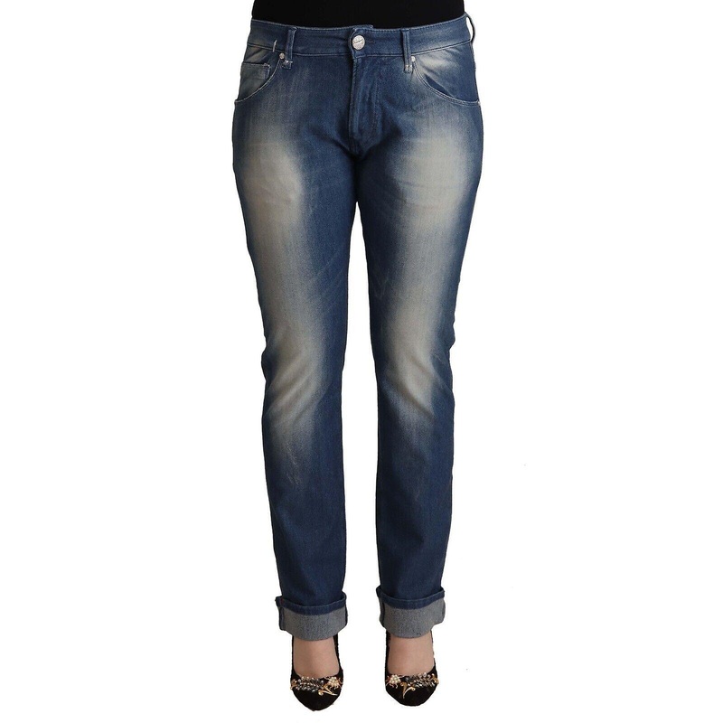 Blue Washed Mid Waist Folded Hem Skinny Jeans