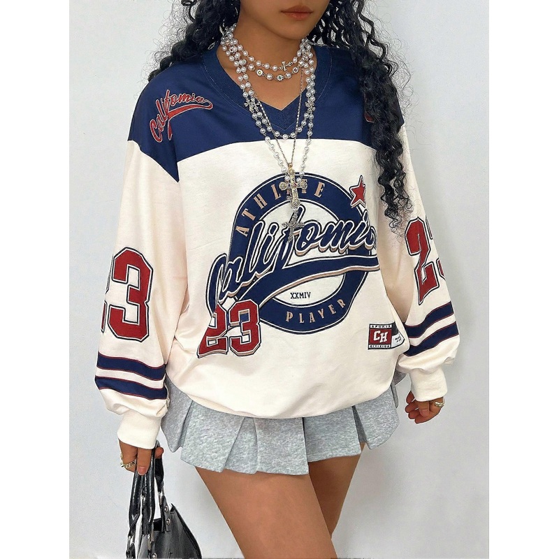Women's Casual V-Neck Oversized Long Sleeve Letter Print Sweatshirt, Autumn