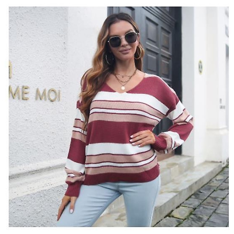 Women's Striped V-neck Long-sleeved Autumn And Winter Loose Sweater Women's High Quality Knitted Sweater