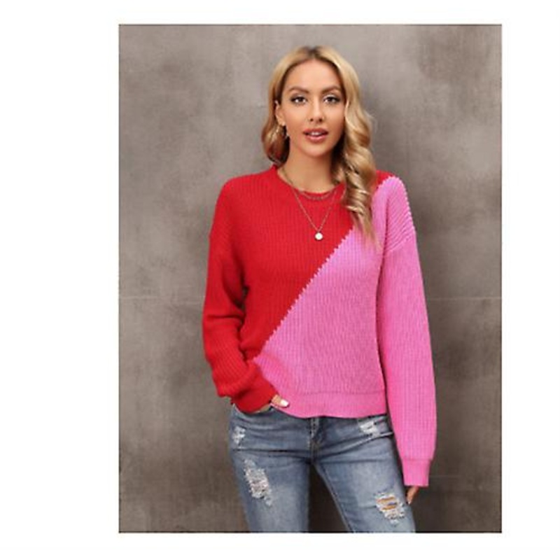 Women's Autumn And Winter New Arrival Sweater Trend Stitching Design Rose Red Pullover Knitted Sweater Young Girl Loose Large Size Knitted Sweater