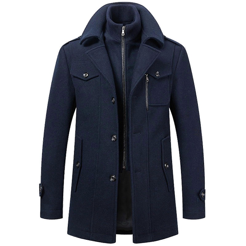 Winter Jacket Men's Long Casual Slim Fit Double Breasted Coat with Lapel Stand-Up Collar in Marine Blue XL