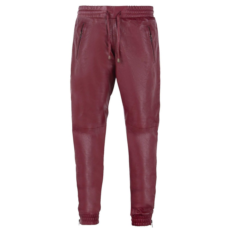 Mens Leather Trousers Burgundy Pants Jogging Bottom