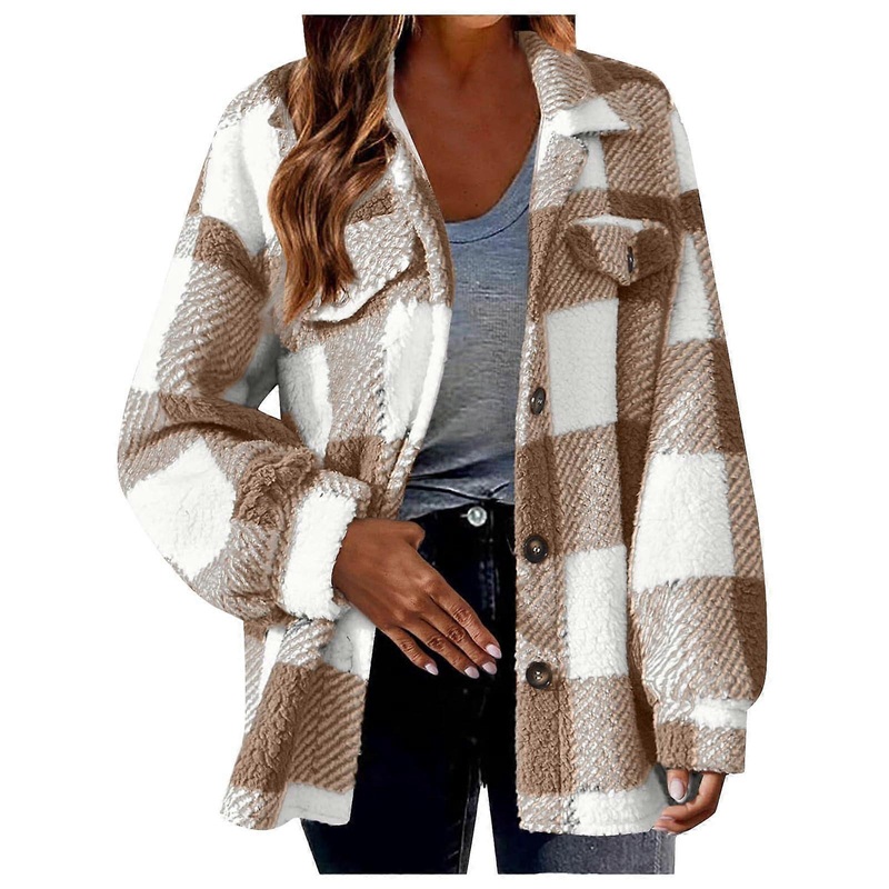 Teddy Jacket Women's Checked Fleece Jacket Buttons Shirt Winter Coat Braun XXL