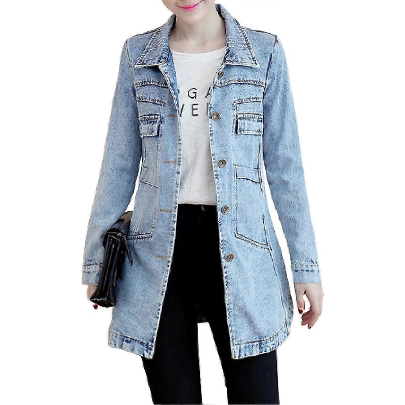 Turn-Down Collar Flap Pockets Denim Jacket Shrink Resistant Irregular Hem Long Women Coat Streetwear
