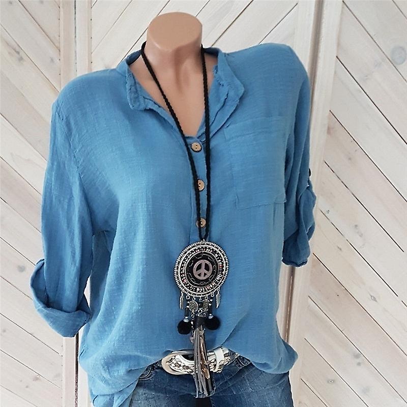 Womens Tunic Cotton Linen Pullover Blouse Tops Ladies Summer Long Sleeve T-Shirt