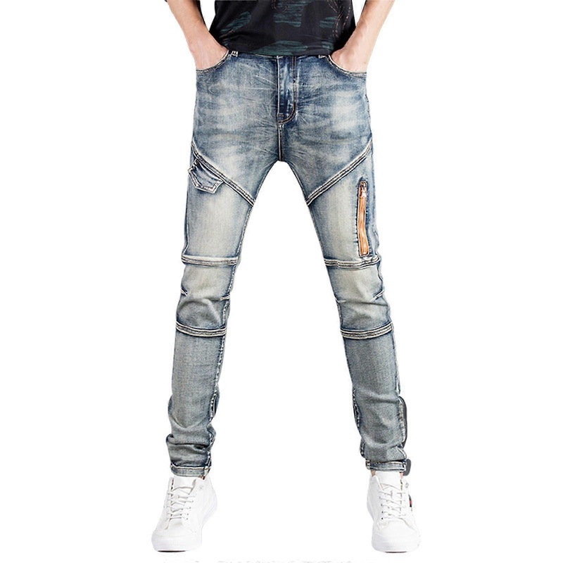 Men's Slim Fit Cargo Biker Jeans Lightweight Summer Motorcycle Trousers Regular Stretch Breathable Pockets Light Blue M