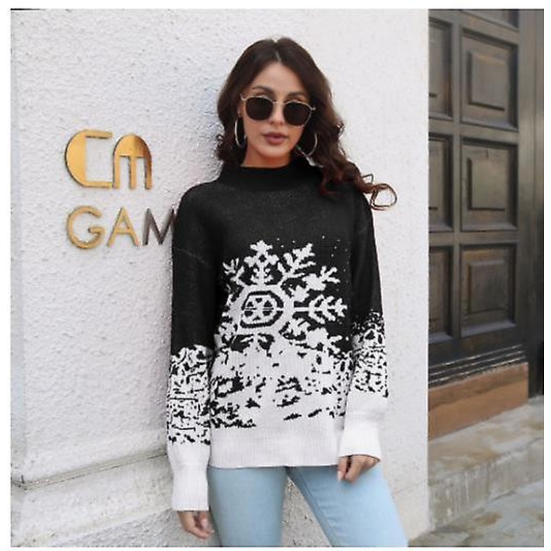 Women's Long-sleeved 2022 Autumn And Winter High Quality Christmas Snowflake Jacquard Knitted Sweater Women's Fashion Casual Loose Lantern Sleeve Knit